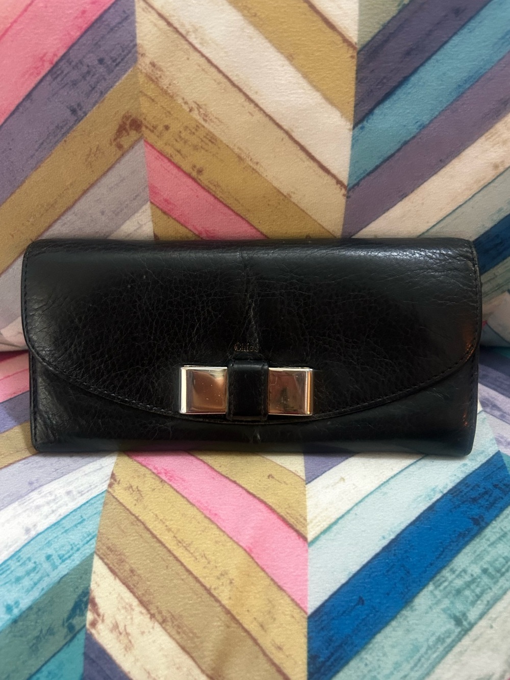 Chloé Black Leather Bow Continental Wallet | Long Bifold Wallet | Gold Hardware